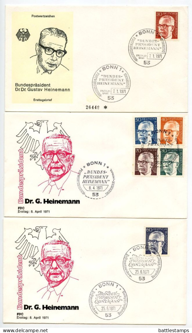 Germany, West 1970-71 18 FDCs Scott 1028-1030, 1031-1038, 1044 President Gustav Heinemann - 1971-1980