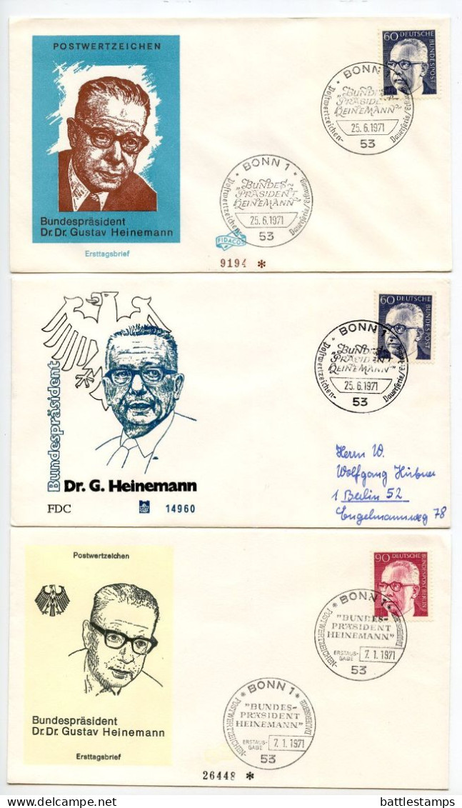 Germany, West 1970-71 18 FDCs Scott 1028-1030, 1031-1038, 1044 President Gustav Heinemann - 1971-1980