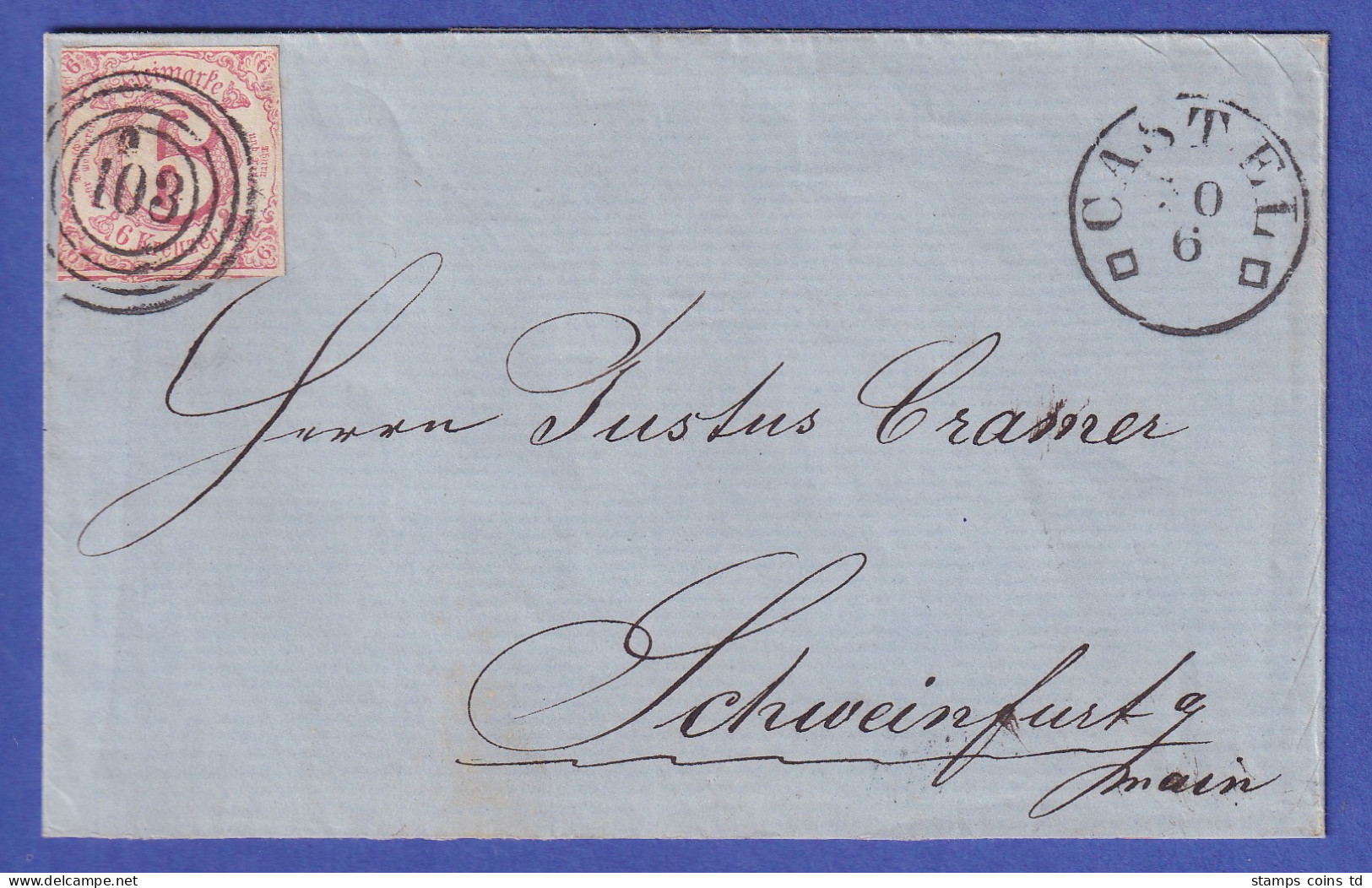 Thurn Und Taxis 6 Kr Mi.-Nr. 22 I A Mit Nr.-O 103 CASTEL A. Brief N. Schweinfurt - Storia Postale