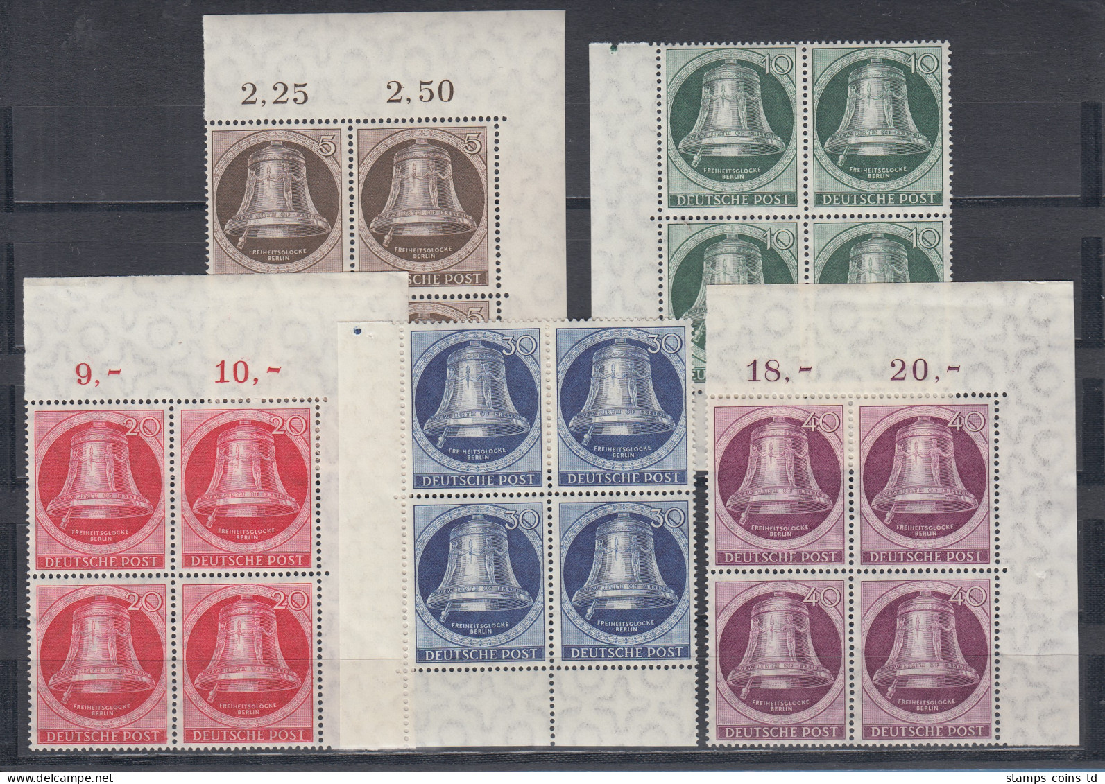 Berlin 1951 Glocke Klöppel Links Mi-Nr 75-79 Eckrand-Viererblocks ** - Unused Stamps