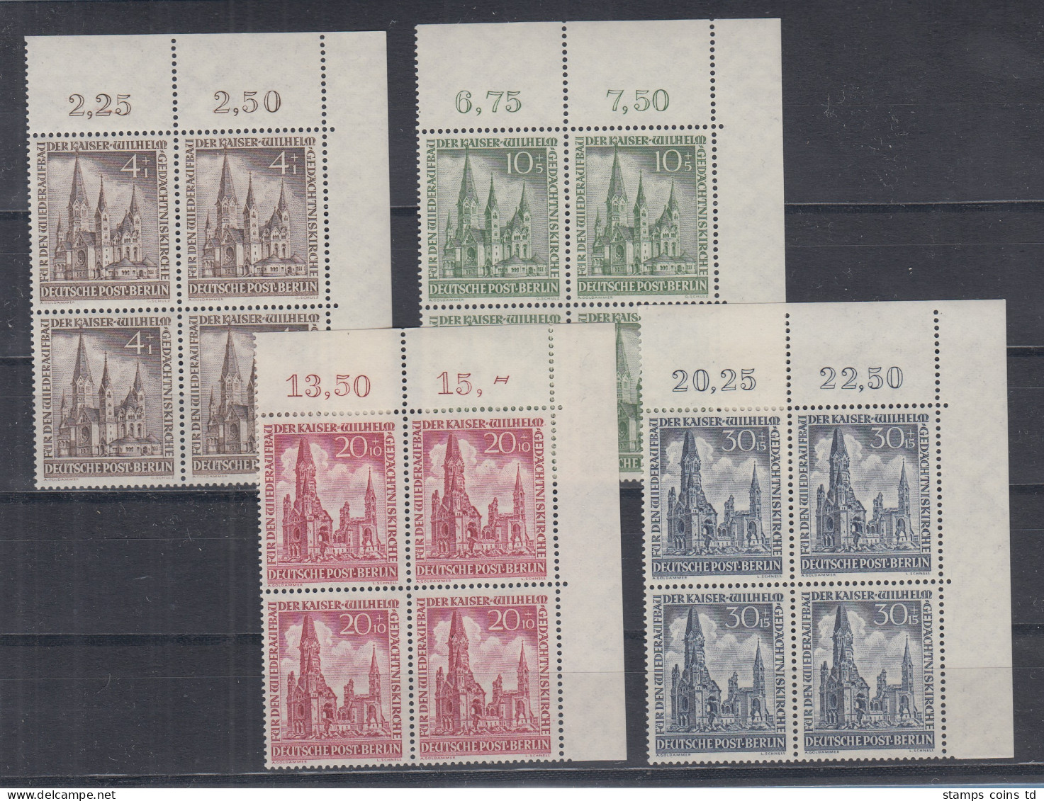 Berlin 1953 Kaiser-Wilhelm Gedächtniskirche Mi-Nr 106-09 Eckrand-Viererblocks ** - Unused Stamps