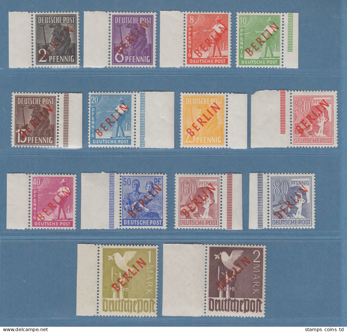 Berlin 1949 Rotaufdruck 14 Werte Mi.-Nr. 21-34 Satz Kpl. Seitenrandstücke ** Gpr - Unused Stamps