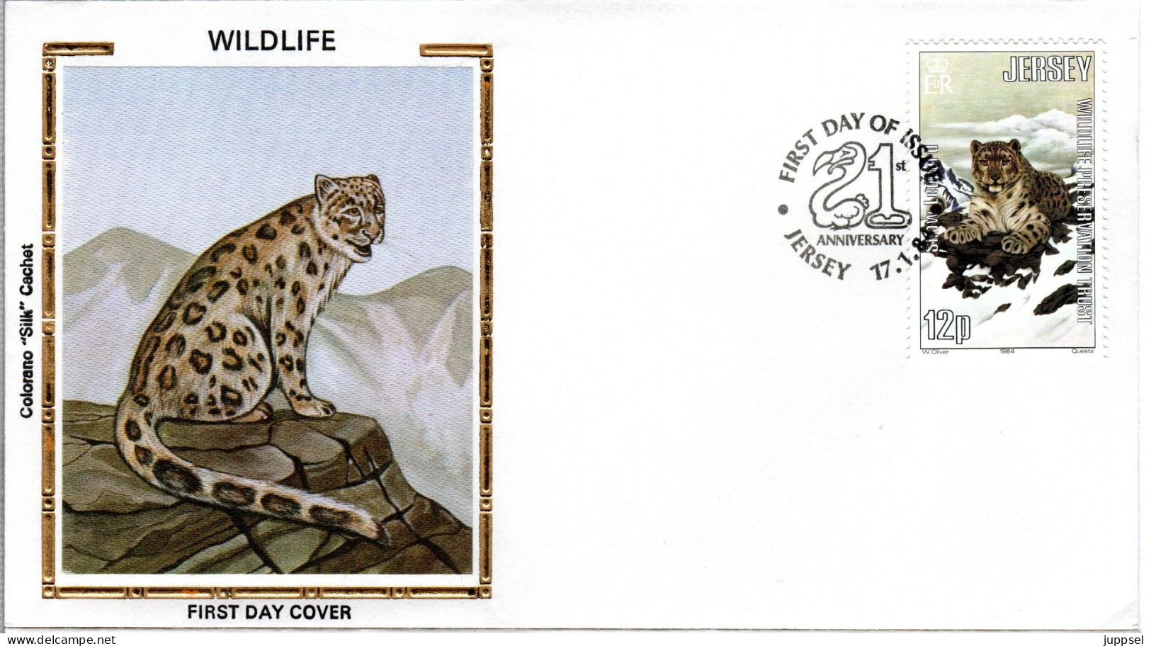 JERSEY, FDC, Snow Leopard, Silk Cachet    /    Lettre De Première Jour, L`once, Cachet De Soie      1984 - Big Cats (cats Of Prey)