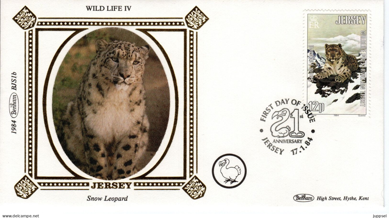 JERSEY, FDC, Snow Leopard, Silk Cachet    /    Lettre De Première Jour, L`once, Cachet De Soie      1984 - Big Cats (cats Of Prey)