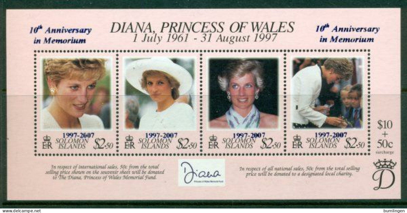 SOLOMON ISLANDS 2007 Mi BL 98** 10th Anniversary Of The Death Of Princess Diana [B698] - Familias Reales