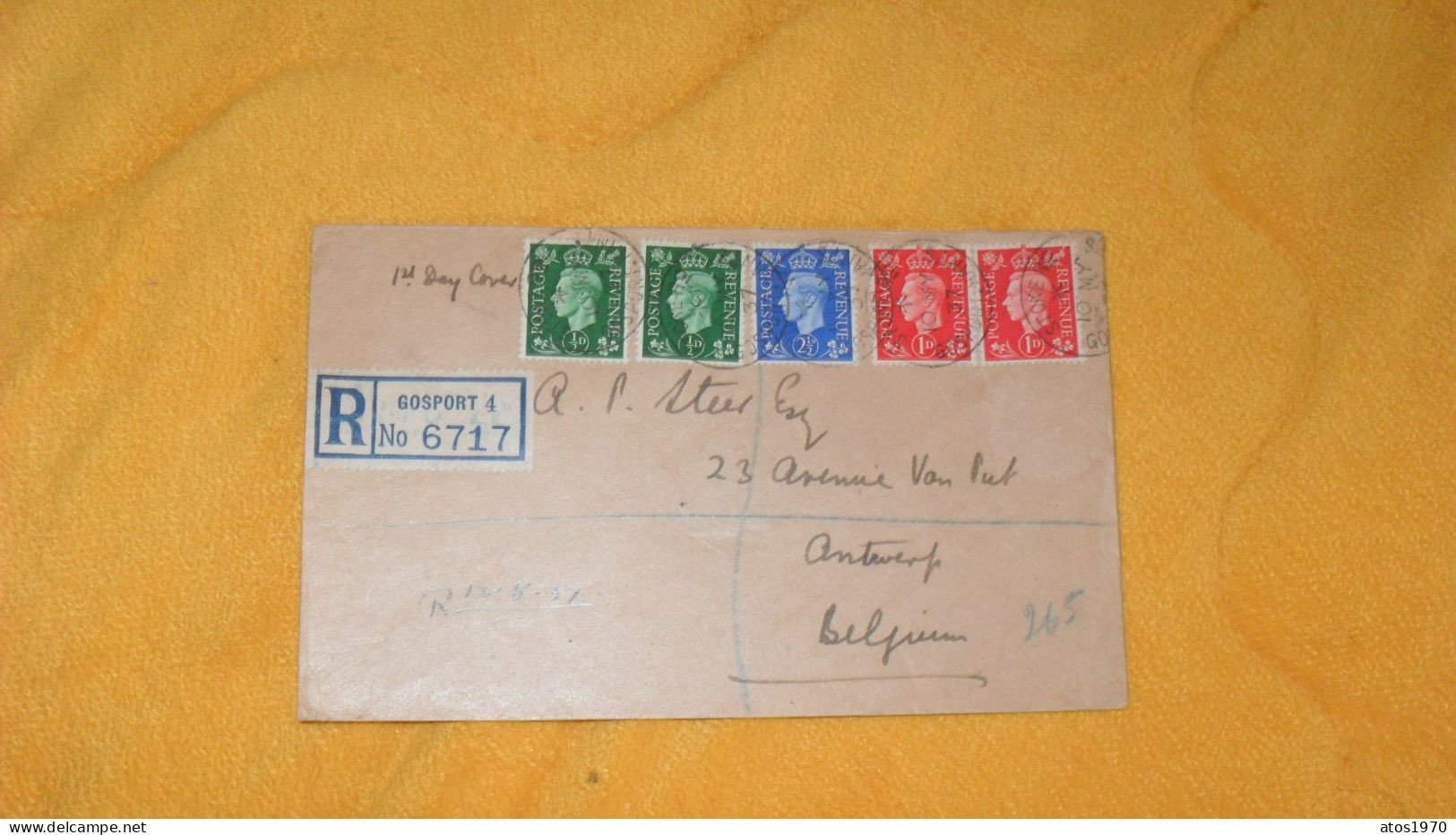 ENVELOPPE ANCIENNE DE 1937../ RECOMMANDE N°6717 GOSPORT 4...CACHETS STOKE GOSPORT.HANDS POUR BELGIQUE + TIMBRES X5 - Brieven En Documenten