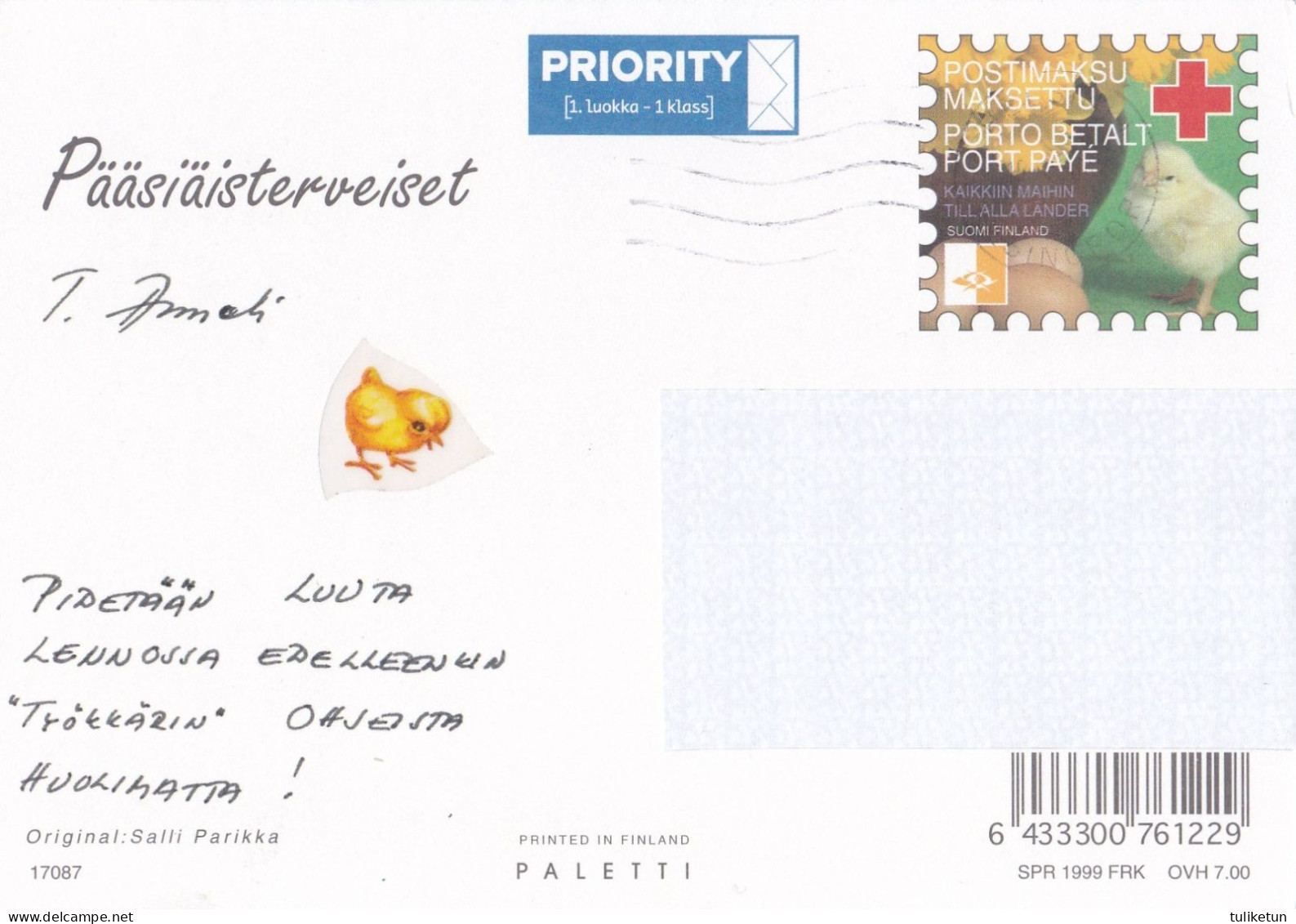 Postal Stationery - Bird - Chick - Easter Witch - Cat - Red Cross 1999 - Suomi Finland - Postage Paid - Ganzsachen