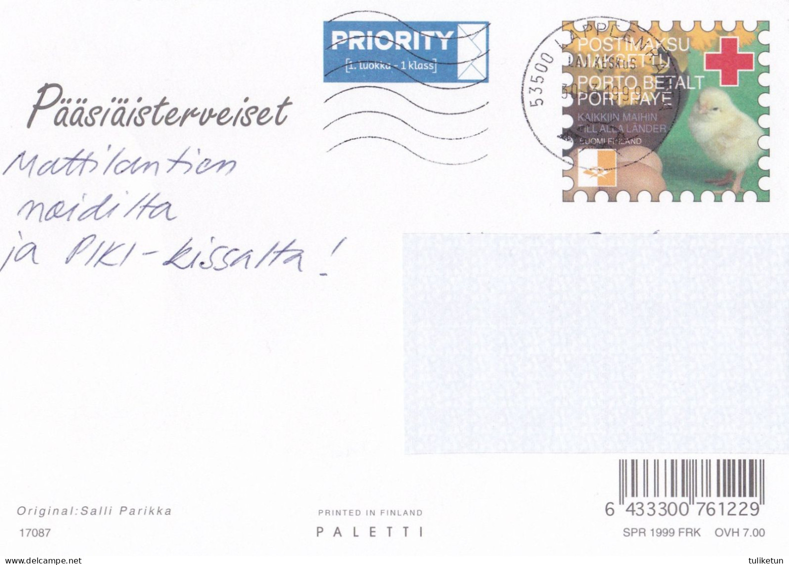 Postal Stationery - Bird - Chick - Easter Witch - Cat - Red Cross 1999 - Suomi Finland - Postage Paid - Interi Postali