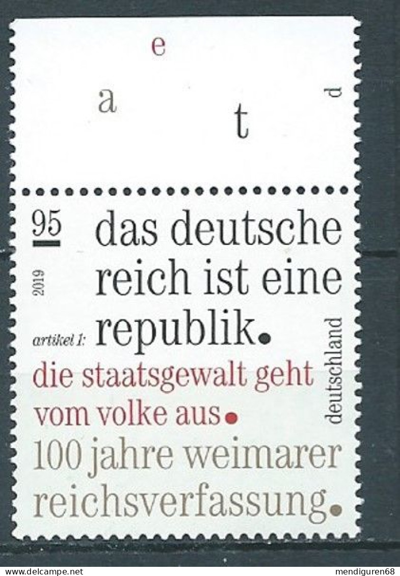 ALLEMAGNE ALEMANIA GERMANY DEUTSCHLAND BUND 2019 CENT WEIMAR CONSTITUTION 95C MNH MI 3488 YT 3263 SN 3122 SG 4268a - Ongebruikt