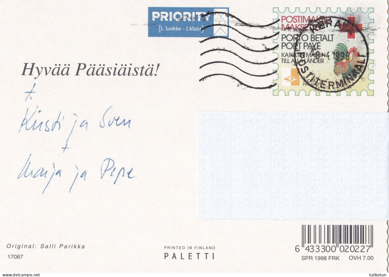 Postal Stationery - Bird - Chick - Easter Witch - Cat - Red Cross 1998 - Suomi Finland - Postage Paid - Postwaardestukken