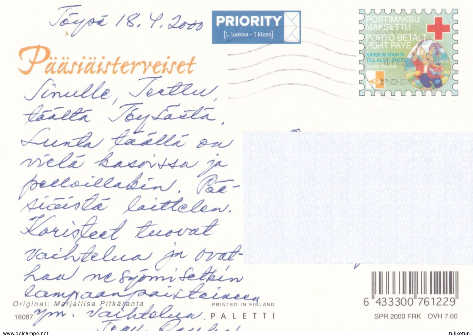 Postal Stationery - Flowers - Easter Witch - Rabbits Hares - Red Cross 2000 - Suomi Finland - Postage Paid - Ganzsachen
