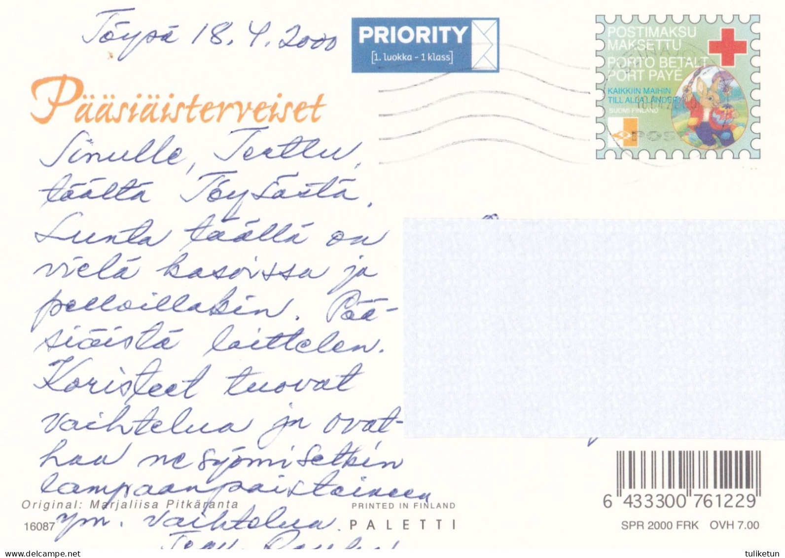 Postal Stationery - Flowers - Easter Witch - Rabbits Hares - Red Cross 2000 - Suomi Finland - Postage Paid - Entiers Postaux