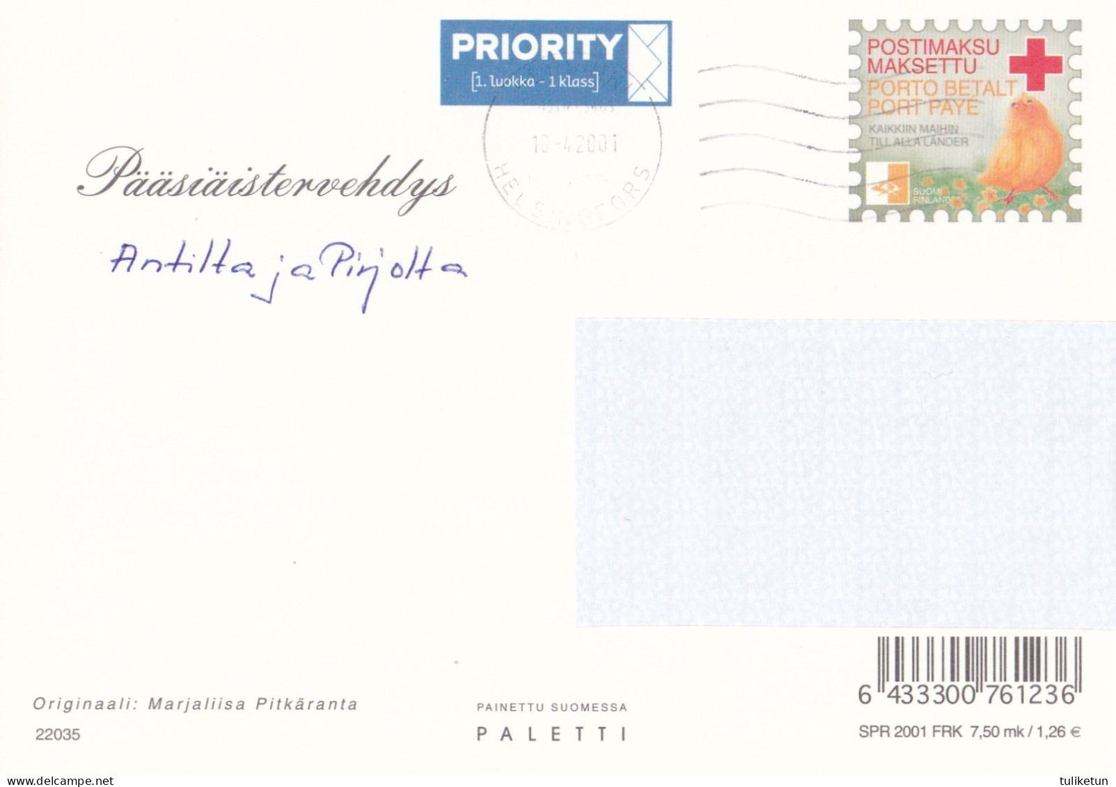 Postal Stationery - Flowers - Easter Witches With Cats - Red Cross 2001 - Suomi Finland - Postage Paid - Enteros Postales