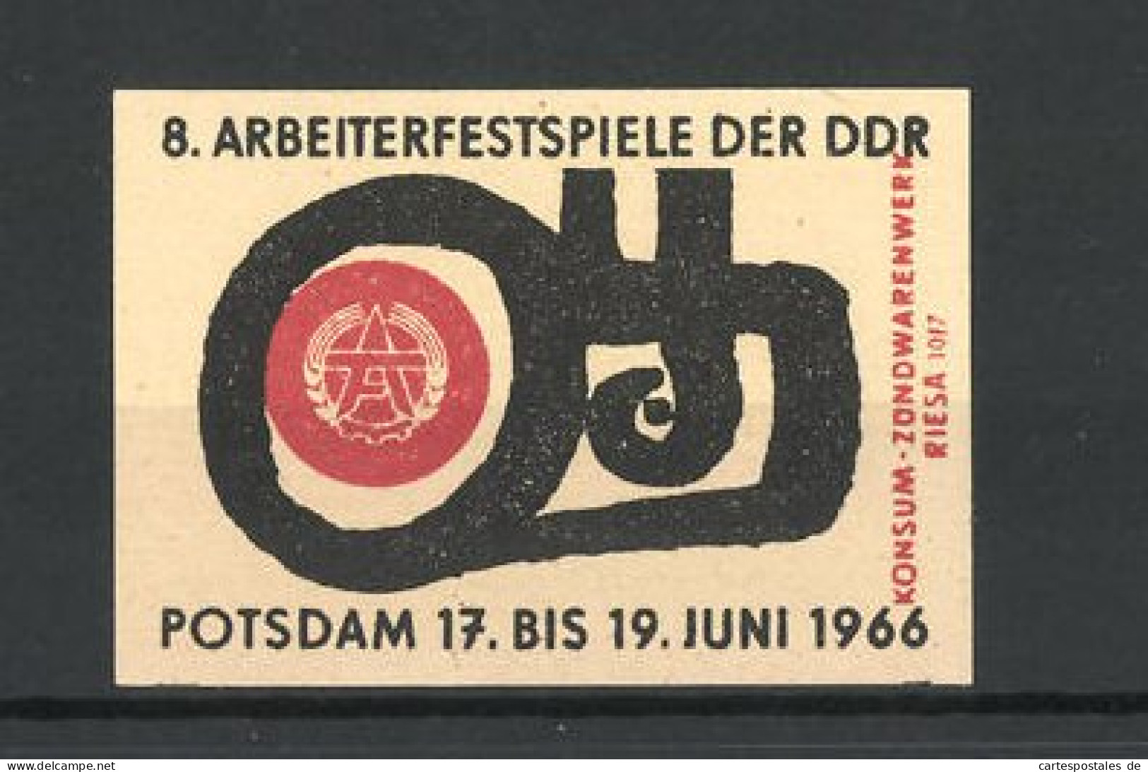 Reklamemarke Potsdam, Konsum-Zündwarenwerk Riesa, 8. Arbeiterfestspiele Der DDR 1966, Messelogo  - Vignetten (Erinnophilie)