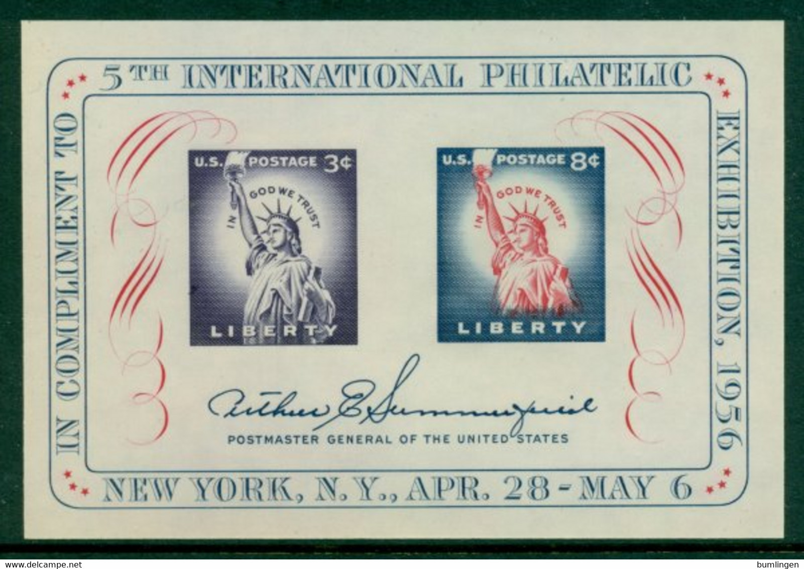 USA 1956 Mi BL 10** 5th International Philatelic Exhibition, New York [LA545] - Briefmarkenausstellungen