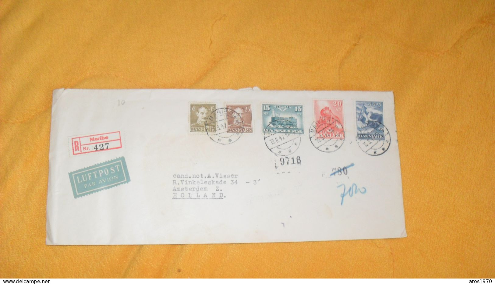 ENVELOPPE ANCIENNE DE 1947../ RECOMMANDE N°427 MARIBO..DANEMARK POUR AMSTERDAM HOLLAND + TIMBRES X5.. - Lettres & Documents