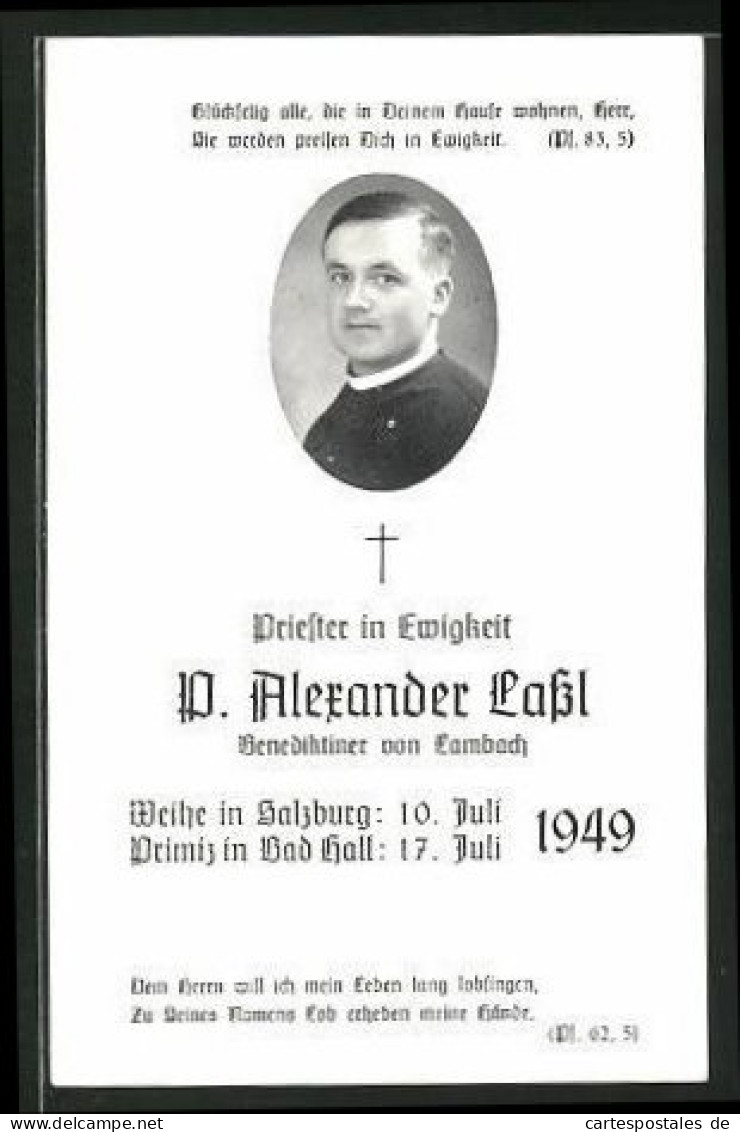 Weihebild Priester P. Alexander Lassl Benediktiner Von Lamabach, Weihe 10 Juli Und Primiz 17. Juli 1949  - Dokumente