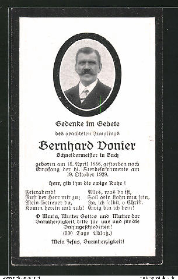 Sterbebild Bernhard Donier, Schneidermeister Aus Bach, 1956-1929  - Dokumente