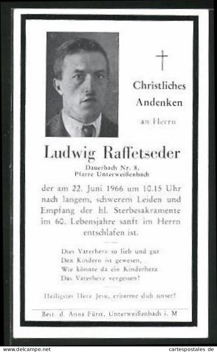 Sterbebild Ludwig Raffestseder, 1966 Gestorben In Unterweissenbach  - Dokumente