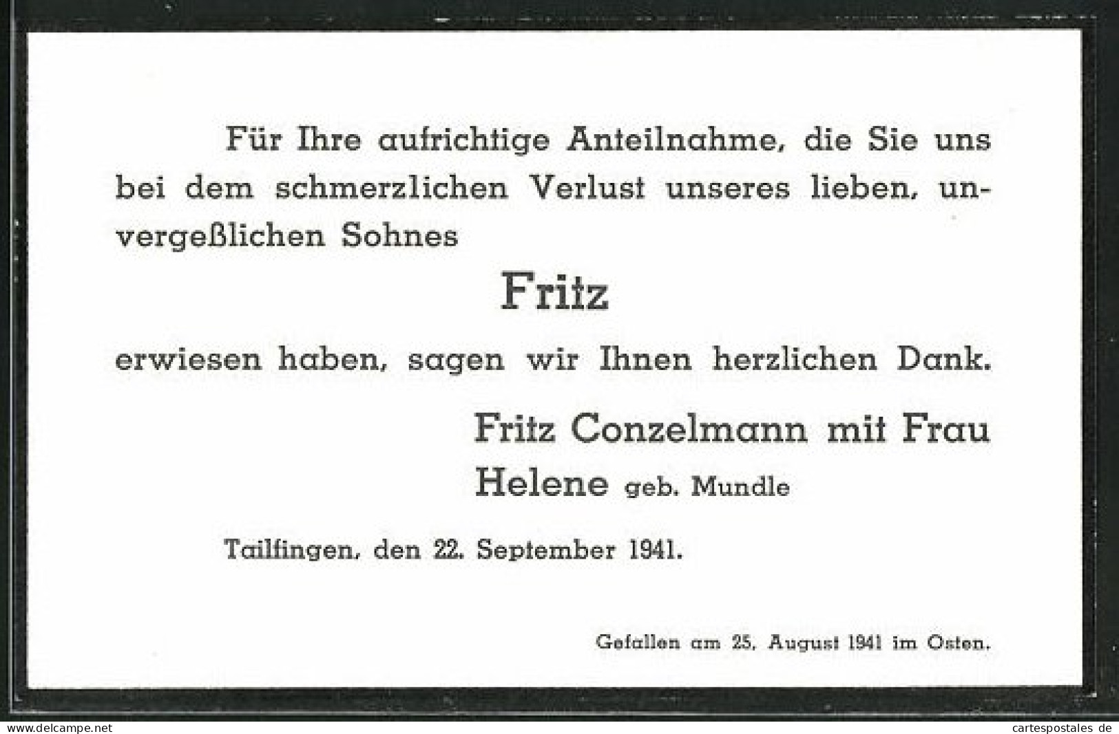 Sterbebild Fritz Conzelmann, Gestorben 1941 In Tailfingen  - Documents