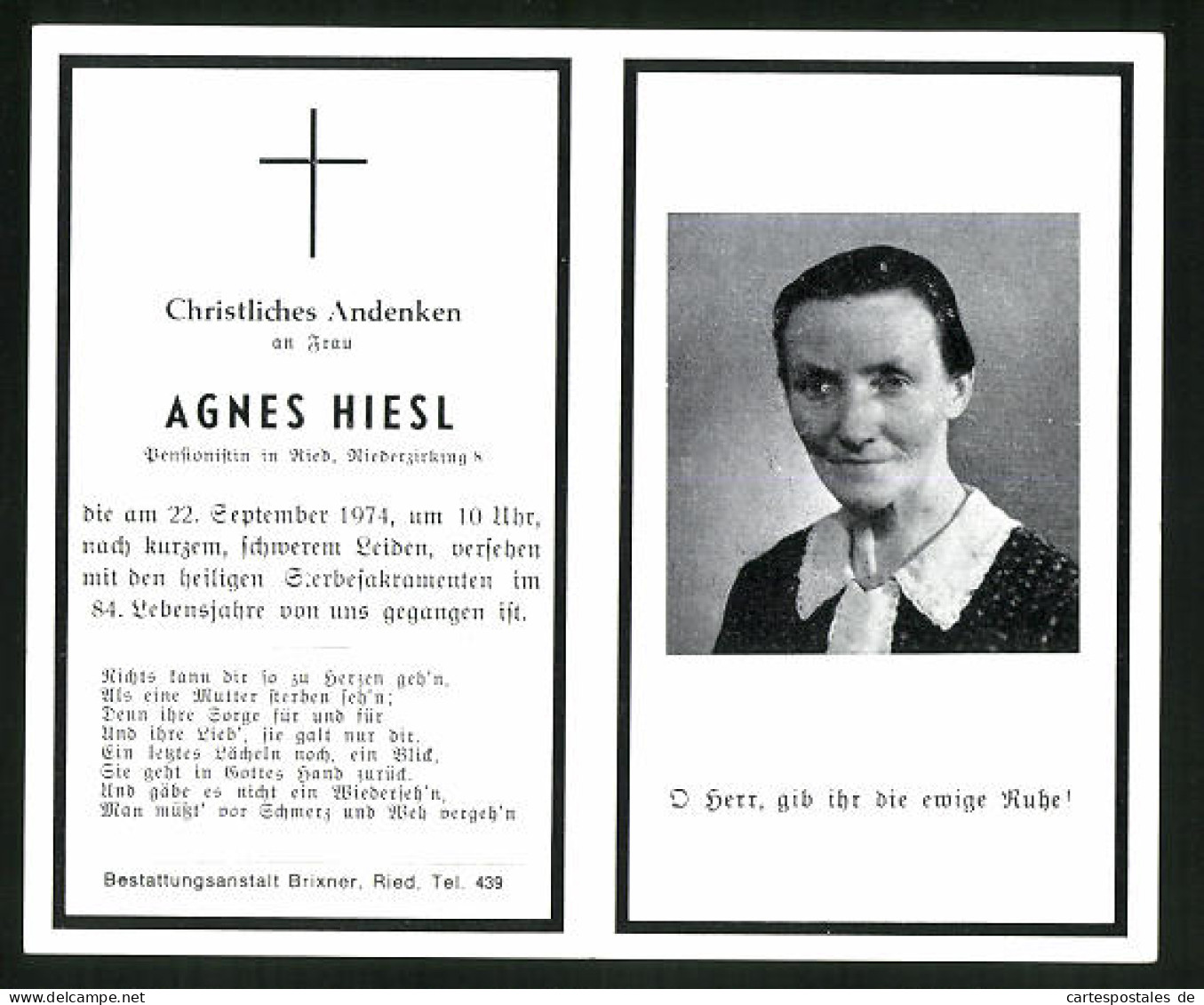 Sterbebild Agnes Hiesl, Gestorben 1974 In Ried  - Documenten