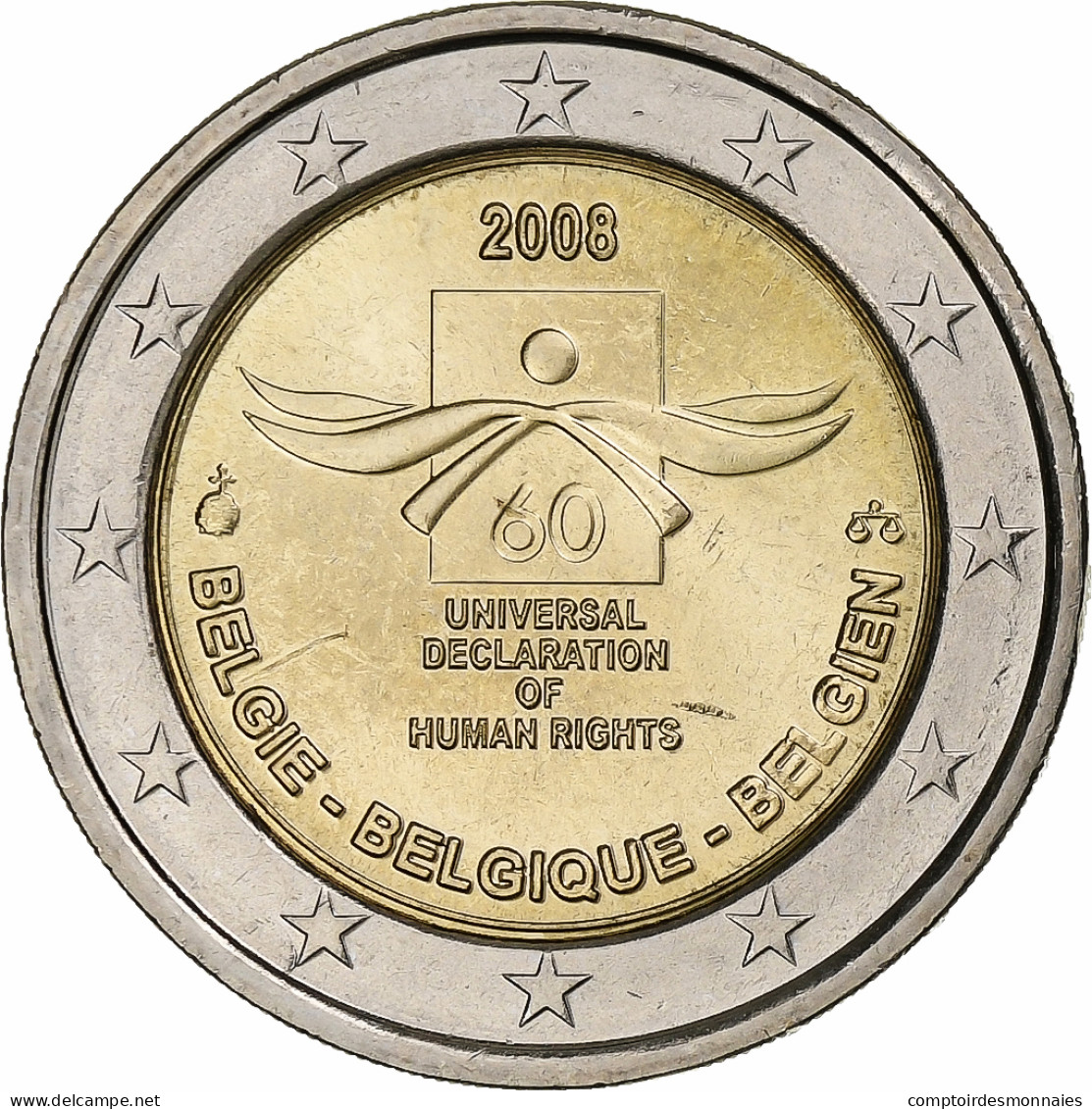 Belgique, Albert II, 2 Euro, Déclaration Des Droits De L'Homme, 2008 - Belgien