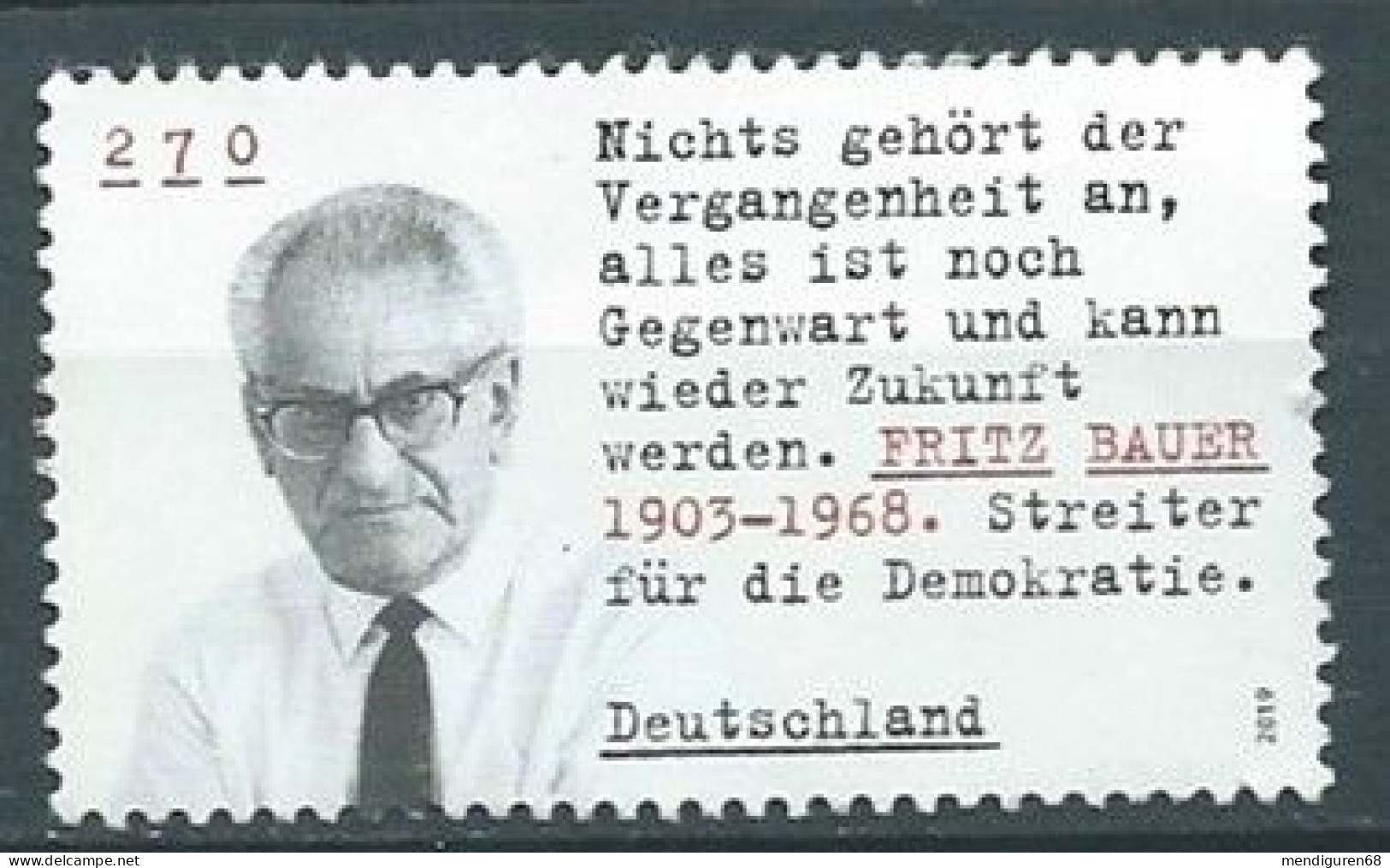 ALLEMAGNE ALEMANIA GERMANY DEUTSCHLAND BUND 2019 AUFRECHTE DEMOKRATEN:  FRITZ BAUER USED MI 3502 YT 3282 SC 3134 SG 4282 - Gebraucht