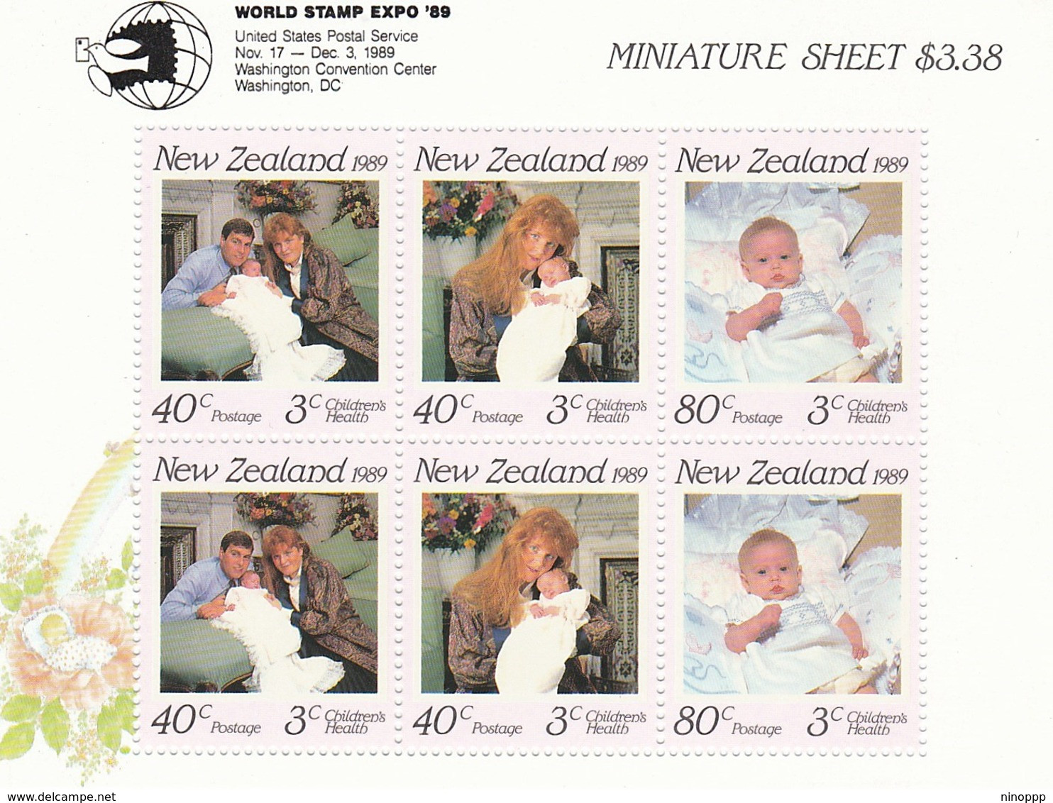 New Zealand SG MS 1519a 1989 Royal Family Health, Miniature Sheet,Overprinted World Expo'89, Mint Never Hinged - Unused Stamps