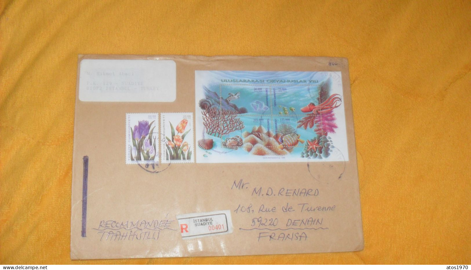 ENVELOPPE DE 1998../ CACHETS SUADIYE ISTANBUL TURQUIE POUR DENAIN FRANCE + TIMBRES DONT BLOC ULUSLARARASI OKYANUSLAR YIL - Covers & Documents