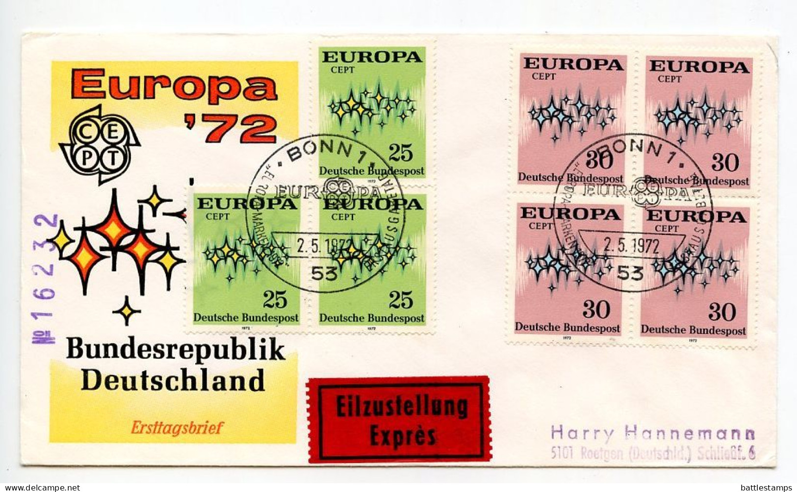 Germany, West 1972 2 FDCs Scott 1114-1115 Europa, Express Mail Label - 1971-1980