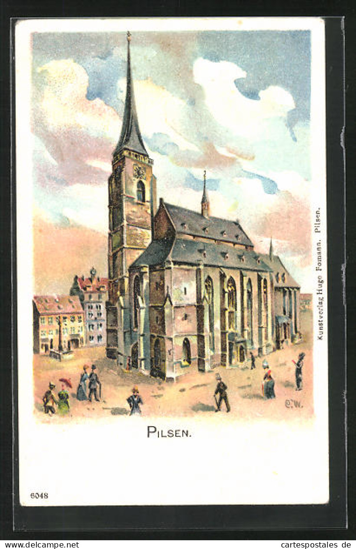 Künstler-AK Pilsen, Passanten An Der Kirche  - Tschechische Republik