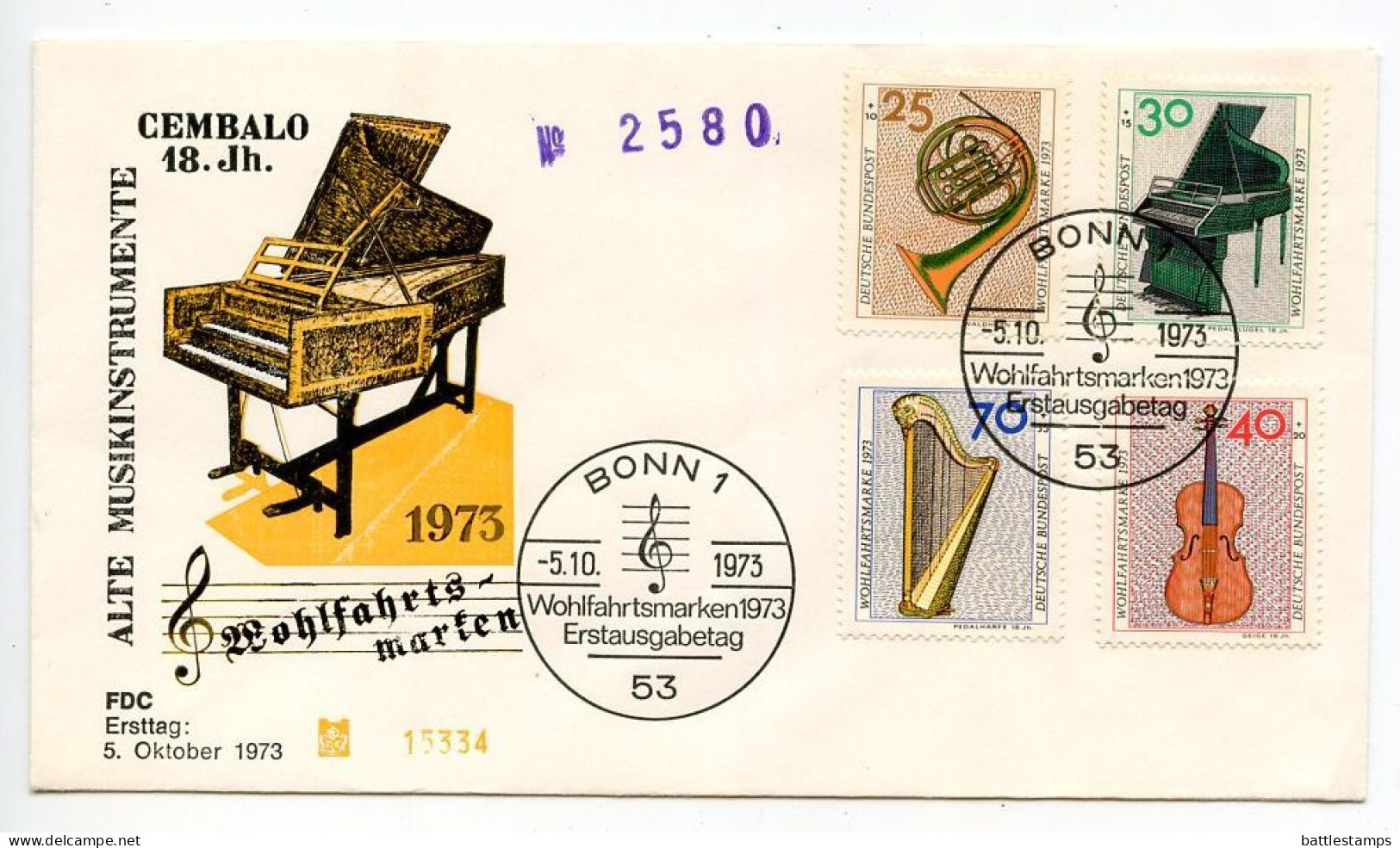 Germany, West 1973 FDC Scott B503-B506 Musical Instruments - French Horn, Piano, Violin, Harp - 1971-1980
