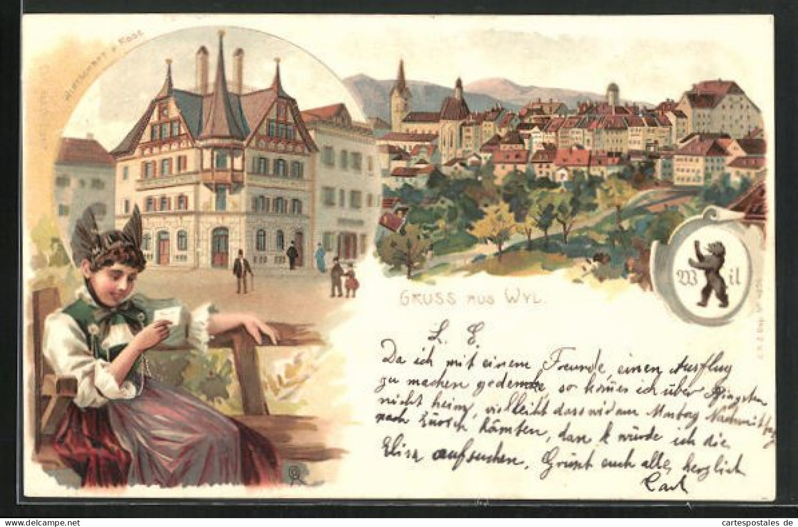 Lithographie Wil, Gasthaus Zur Rose, Panorama, Frau In Tracht  - Wil