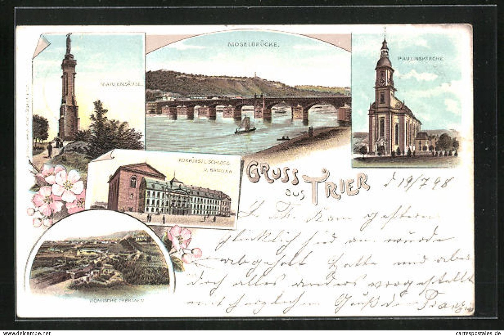 Lithographie Trier, Paulinskirche, Moselbrücke, Mariensäule  - Trier