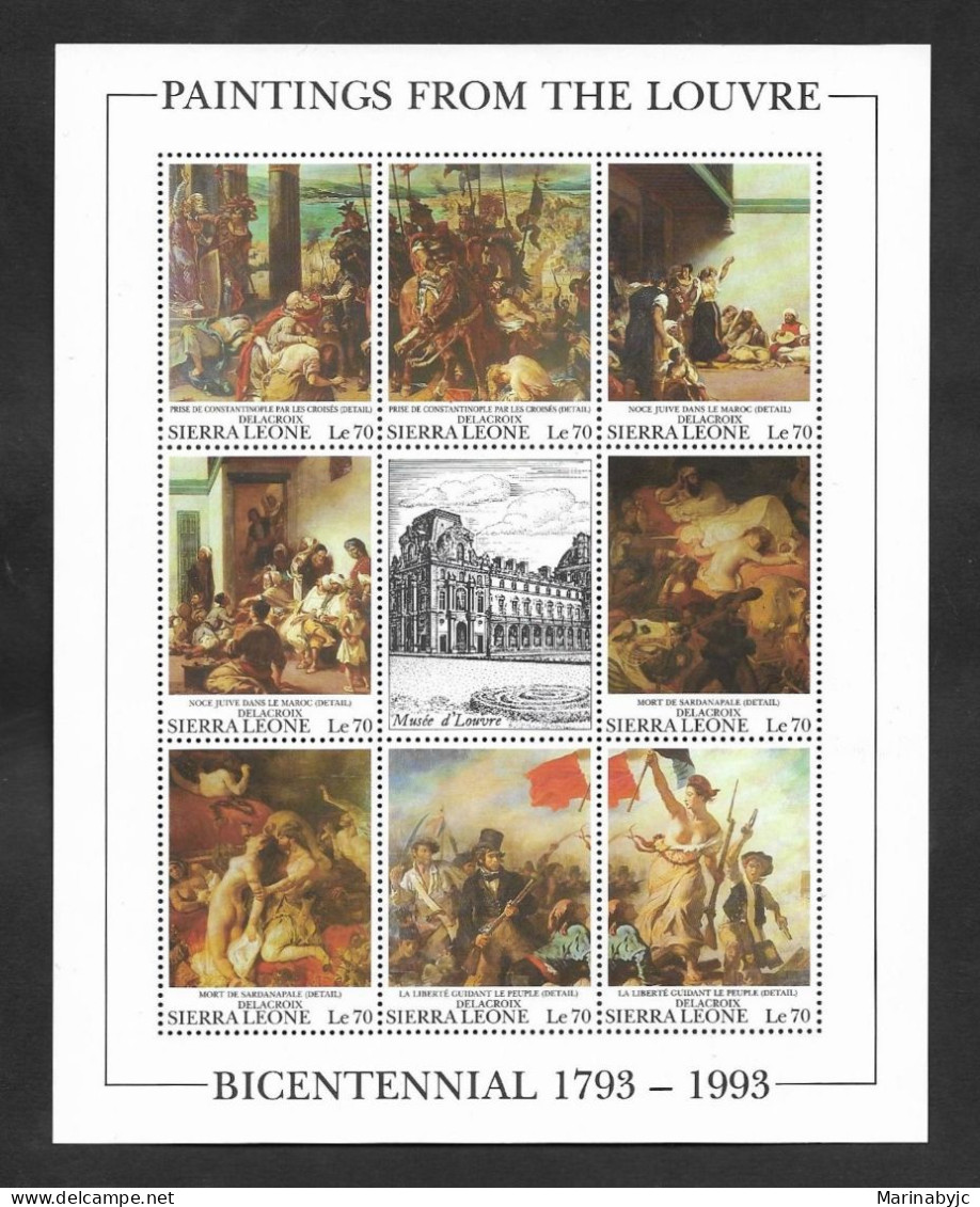 SE)1993 SIERRA LEONE, ART, BICENTENNIAL OF THE LOUVRE PAINTINGS, JEWISH WEDDING, LIBERTY LEADING THE PEOPLE, 9 STAMP MIN - Sierra Leone (1961-...)