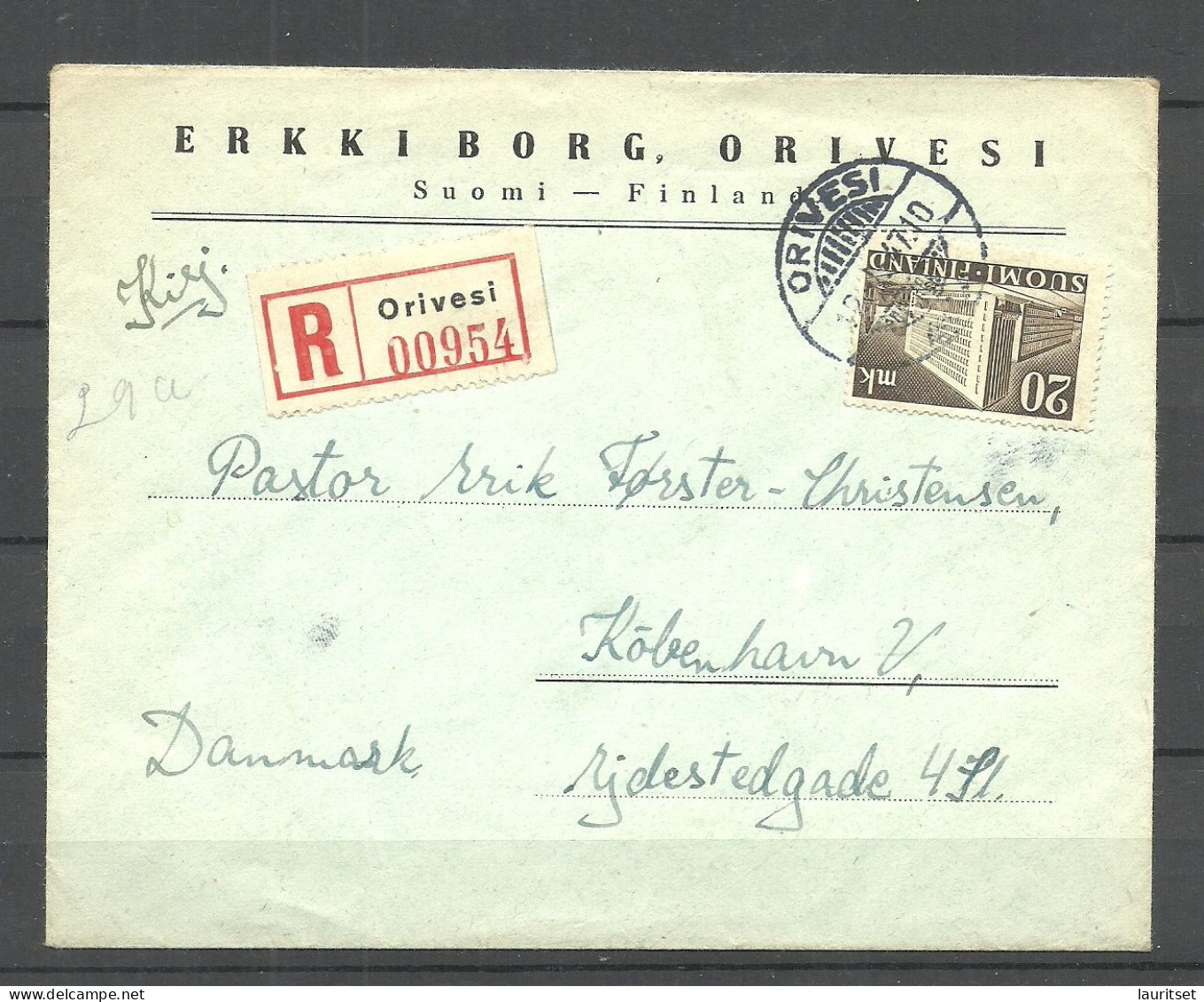 FINLAND FINNLAND Suomi 1946 O ORIVESI Michel 318 As Single On Registered Commercial Cover To Denmark - Lettres & Documents