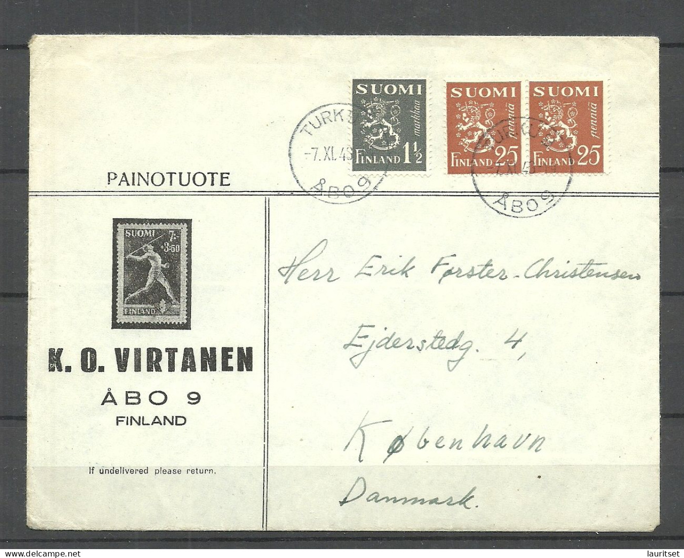 FINLAND FINNLAND Suomi 1948 O Turku 9 Commercial Cover Printed Matter To Denmark - Covers & Documents