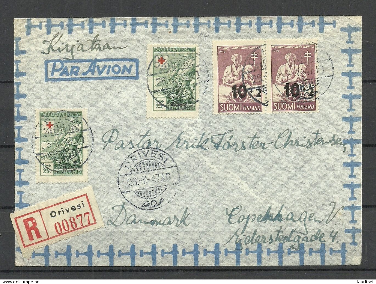 FINLAND FINNLAND Suomi 1947 O ORIVESI Registered Air Mail Cover To Denmark - Briefe U. Dokumente