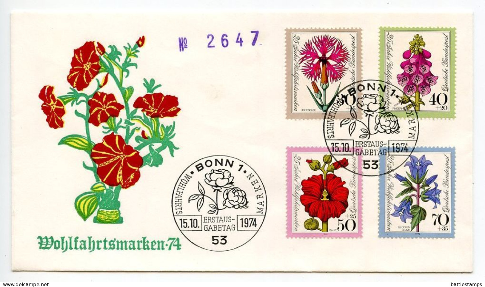 Germany, West 1974 FDC Scott B512-B515 Flowers - Campion, Foxglove, Mallow, Bellflower - 1971-1980