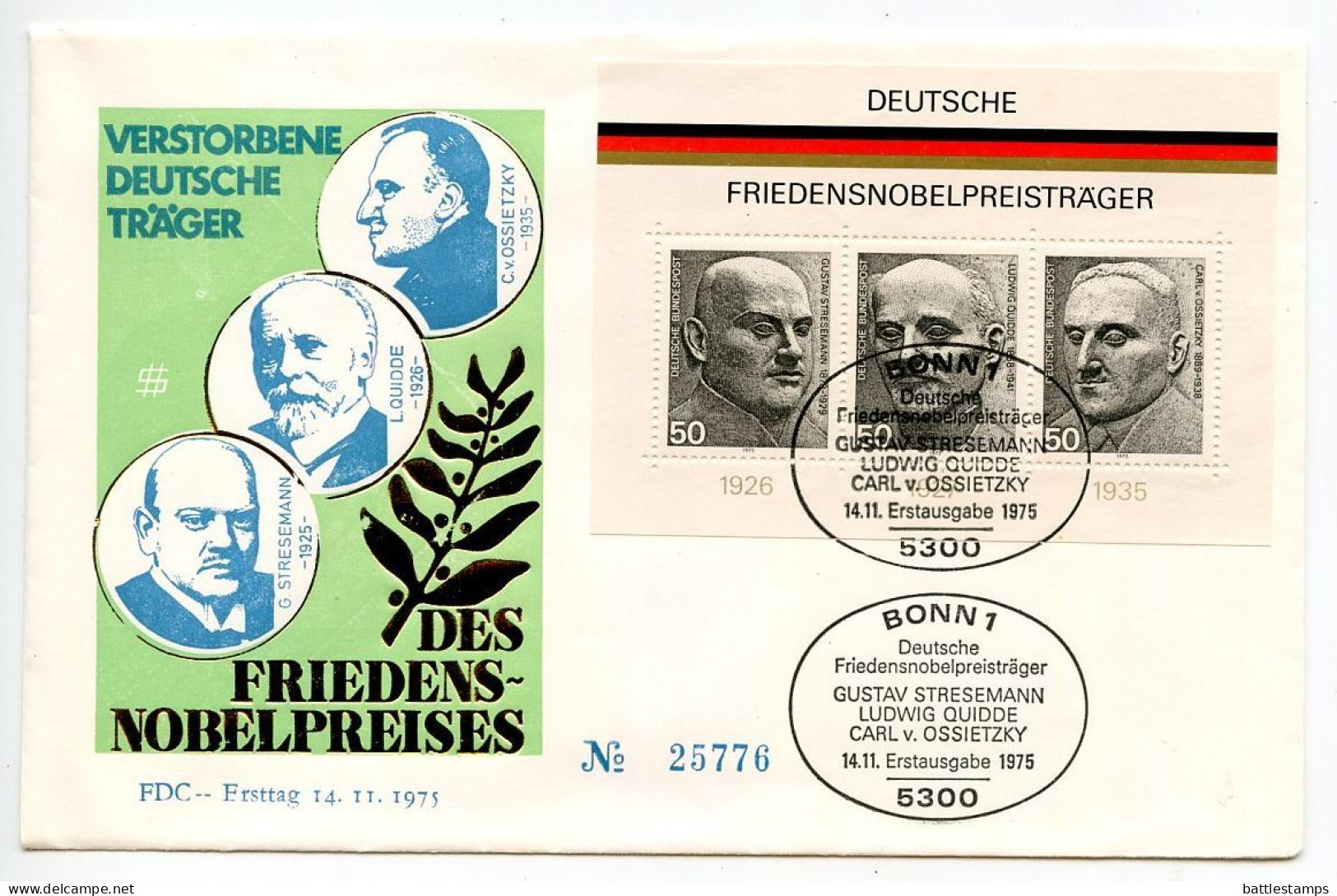 Germany, West 1975 FDC Scott 1203 S/S Nobel Peace Prize Winners - Stresemann, Quiddle, Ossietzky - 1971-1980