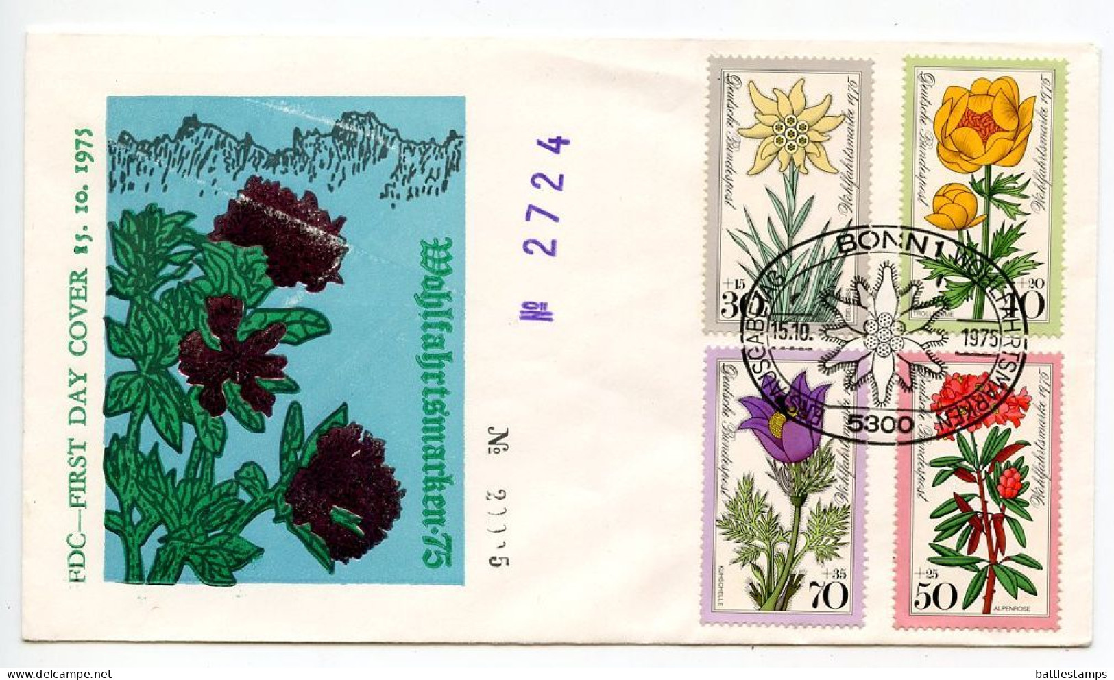 Germany, West 1975 FDC Scott B521-B524 Alpine Flowers - Edelweiss, Trollflower, Alpine Rose, Pasqueflower - 1971-1980