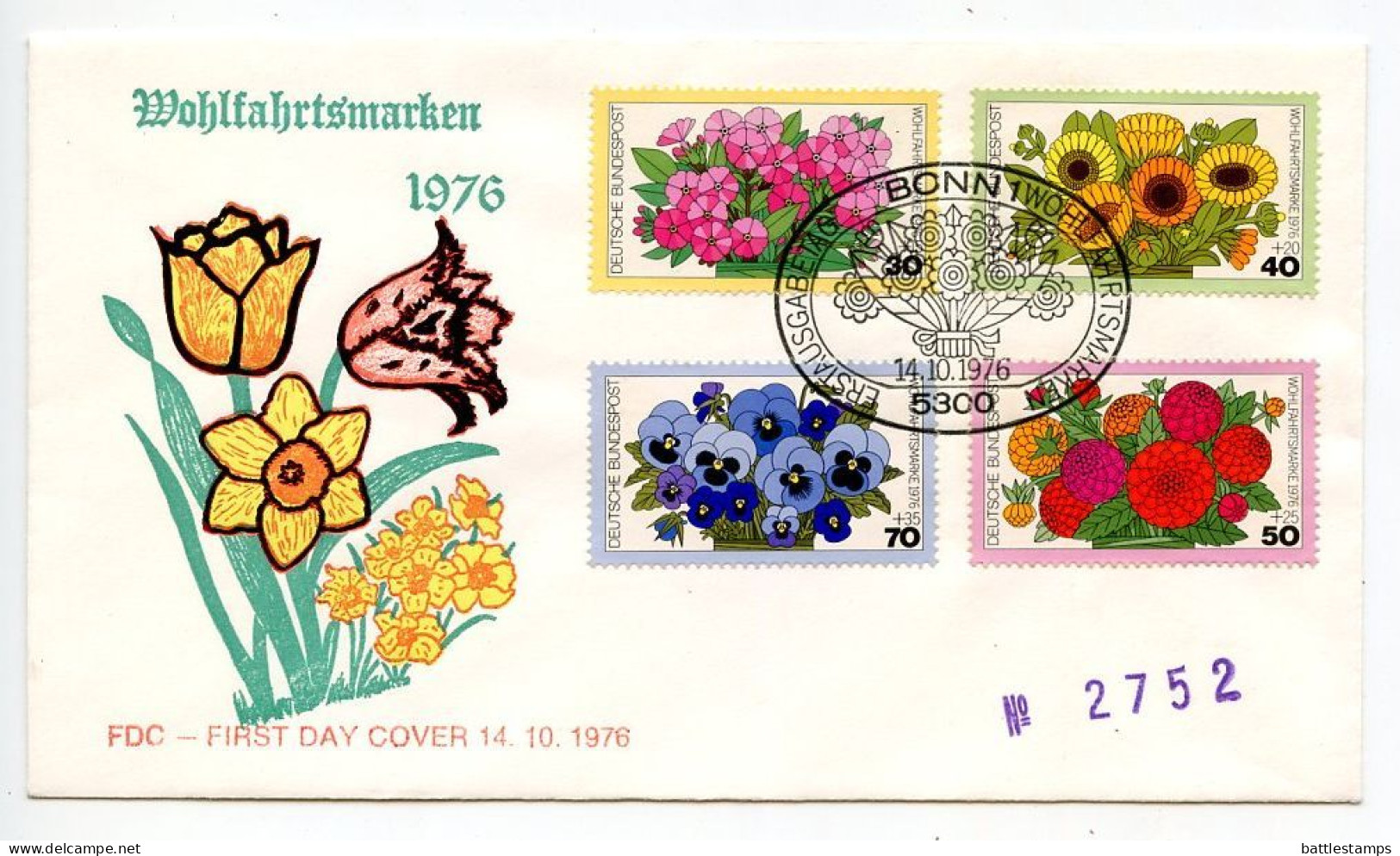 Germany, West 1976 FDC Scott B533-B536 Flowers - Phlox, Marigolds, Dahlias, Pansies - 1971-1980