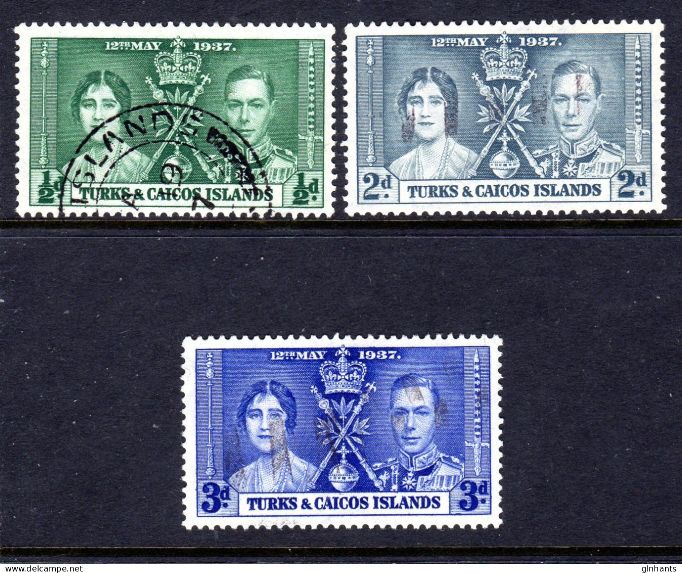 TURKS & CAICOS ISLANDS - 1937 CORONATION SET (3V) FINE USED SG 191-193 - Turks & Caicos