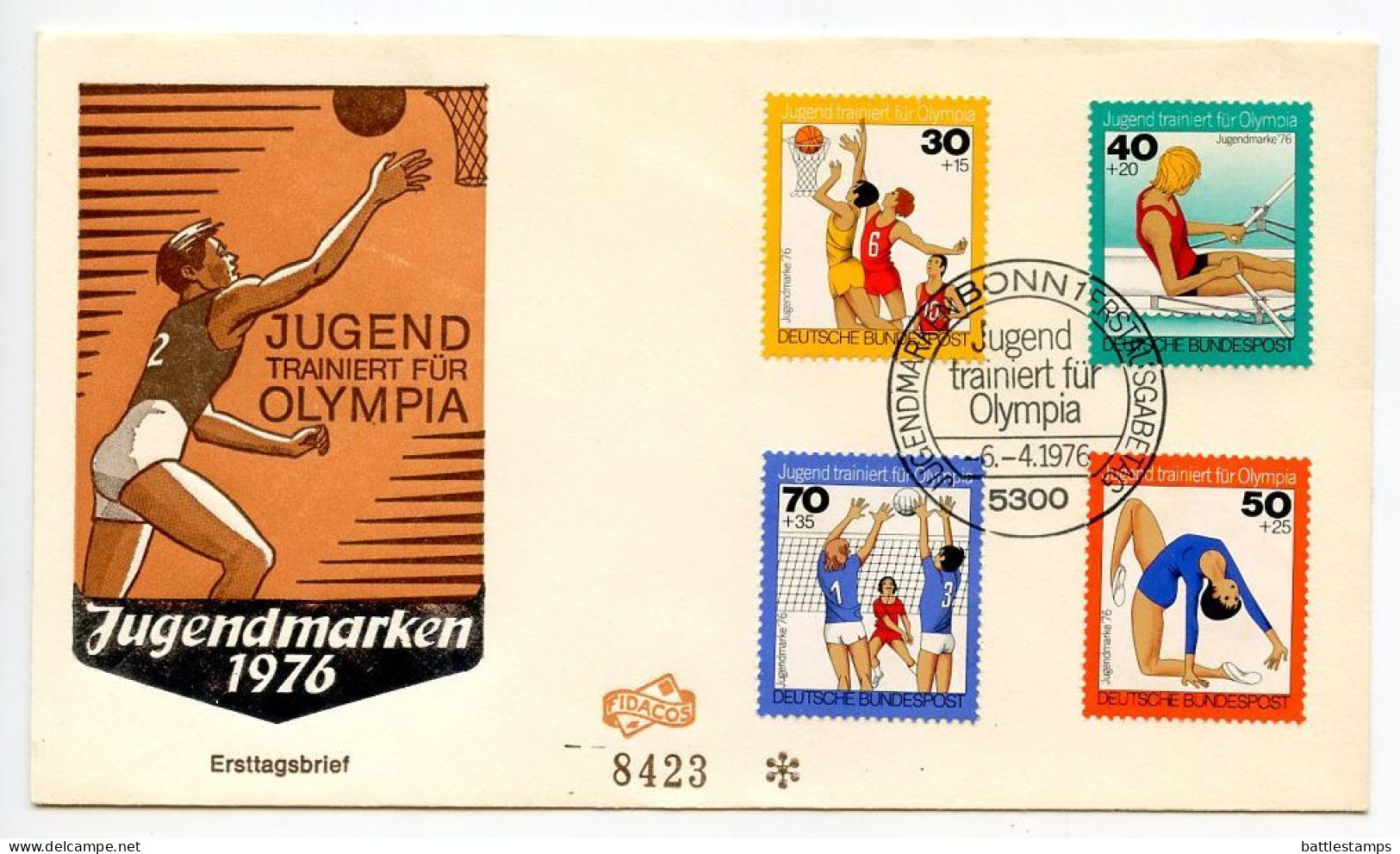 Germany, West 1976 FDC Scott B526-B529 Olympic Games Youth Training - Basketball, Rowing, Gymnastics, Volleyball - 1971-1980