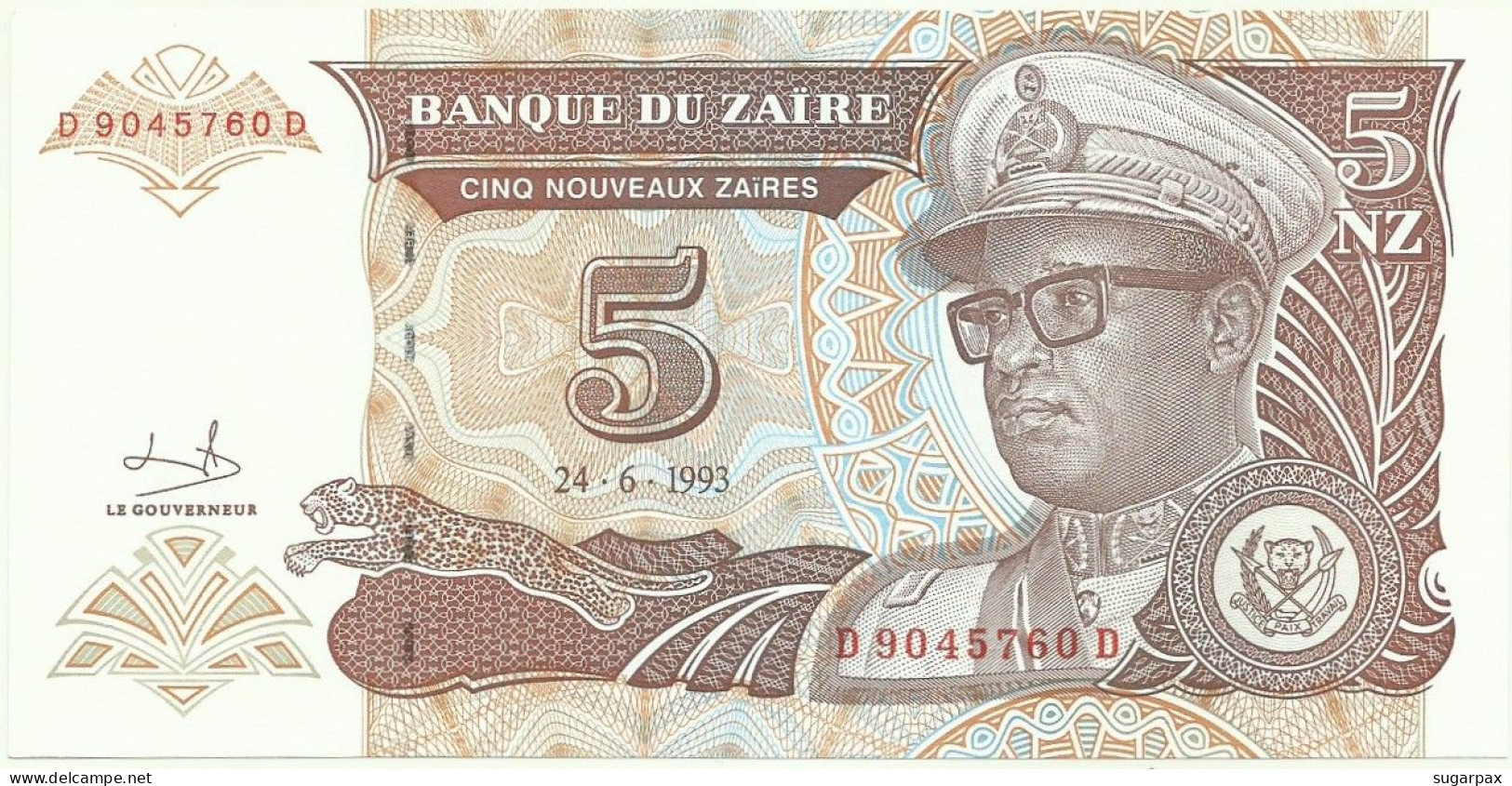 Zaïre - 5 Nouveaux Zaïres - 24.06.1993 - Pick 53.a - Unc. - Sign. 9 - Prefix D , Sufix D - Mobutu - Zaire