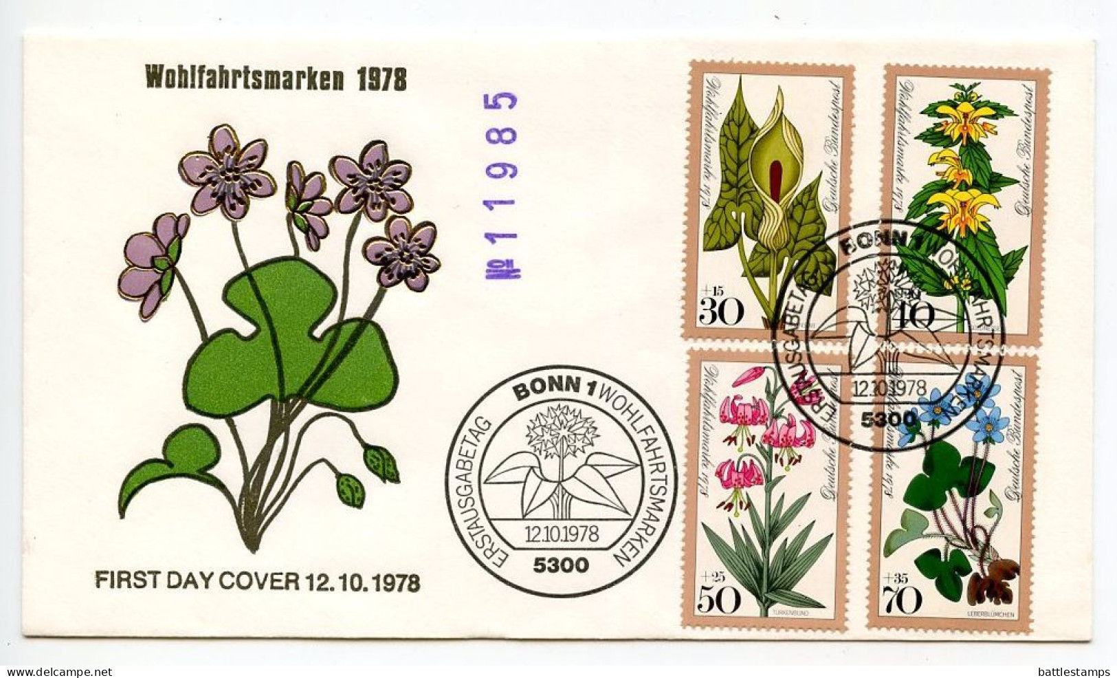 Germany, West 1978 FDC Scott B553-B556 Woodland Flowers - Arum, Weaselsnout, Turk's Cap Lily, Liverwort - 1971-1980