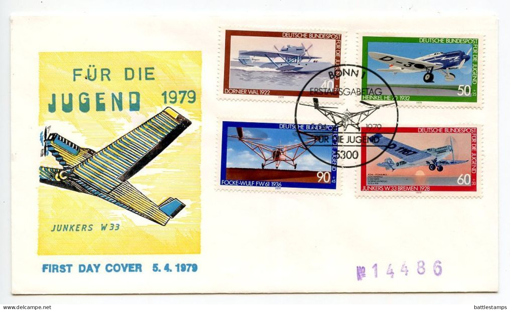 Germany, West 1979 FDC Scott B558-B561 Airplanes - Dornier Wal, Heinkel HE70, Junkers W33, Focke-Wulf FW61 - 1971-1980