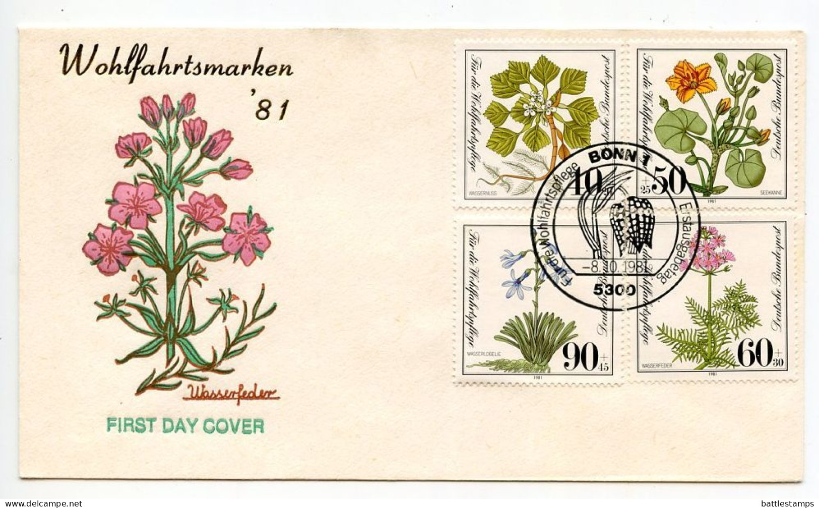 Germany, West 1981 FDC Scott B589-B592 Endangered Plants - Water Nut, Floating Heart, Water Gillyflower, Water Lobelia - 1981-1990