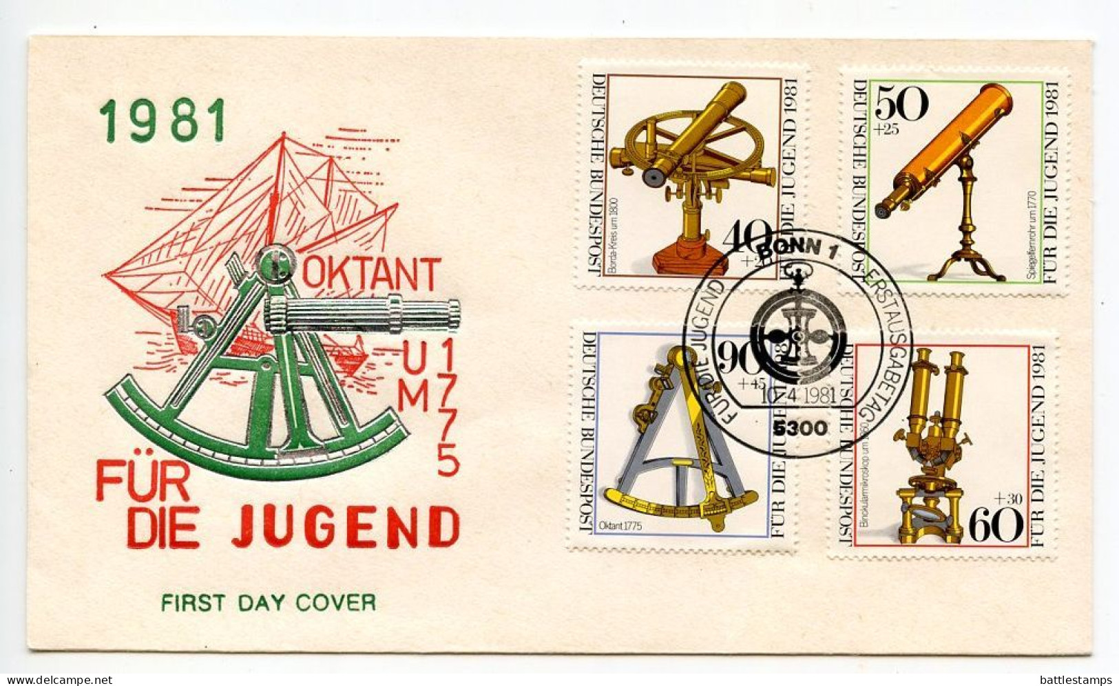 Germany, West 1981 FDC Scott B583-B586 Historic Optical Instruments - Borda Circle, Telescope, Microscope, Octant - 1981-1990