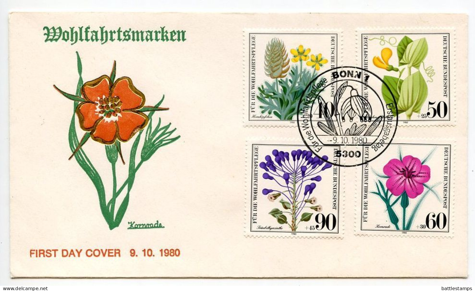 Germany, West 1980 FDC Scott B577-B580 Wildflowers - Ceratocephalus, Climbing Meadow Pea, Corn Cockle, Grape Hyacinth - 1971-1980